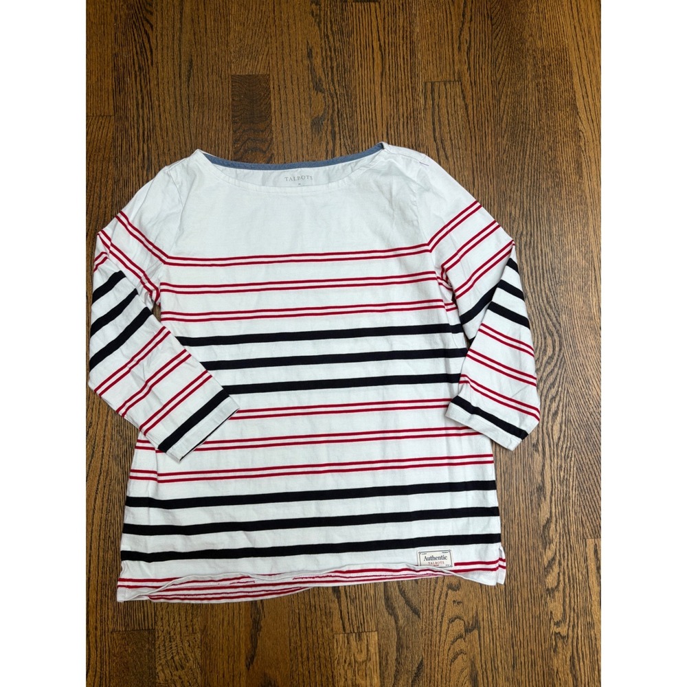 Talbots Striped Tee Women Medium White Red Navy Nautical Boat Neck Cotton Top